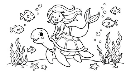 Fototapeta premium Cute mermaid riding a sea turtle underwater surrounded by fish and seaweed in simple line art vector style