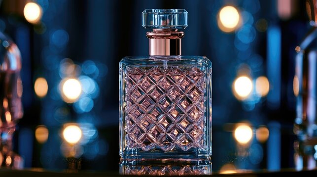 Luxurious glass perfume bottle with intricate faceted design, glowing ambient light