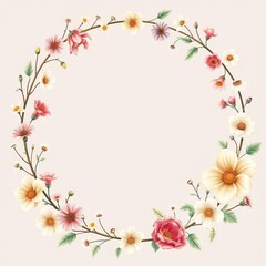 Fototapeta premium Delicate floral wreath frame with vintage botanical illustration, delicate, soft