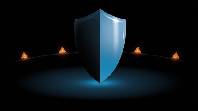 Gleaming shield stands tall, illuminated by glowing light on dark background