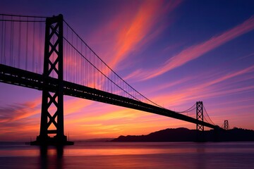 Fototapeta premium Silhouette of a suspension bridge against a vibrant sunset with streaking clouds