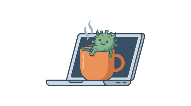 Virus Character Relaxing With Coffee Cup Vector