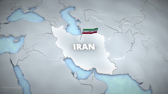 A 3D geographic map highlighting Iran, Middle East in bright white, featuring a waving national flag, bold 3D text, and topographic borders for an educational presentation backdrop.
