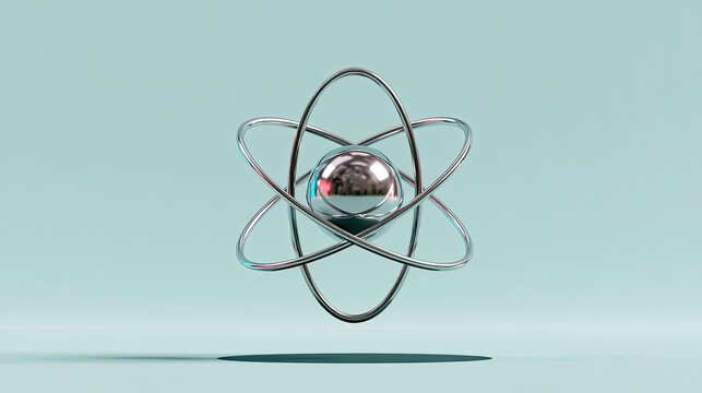A shining metallic sphere is orbited by sleek, intertwined rings, symbolizing atomic structure