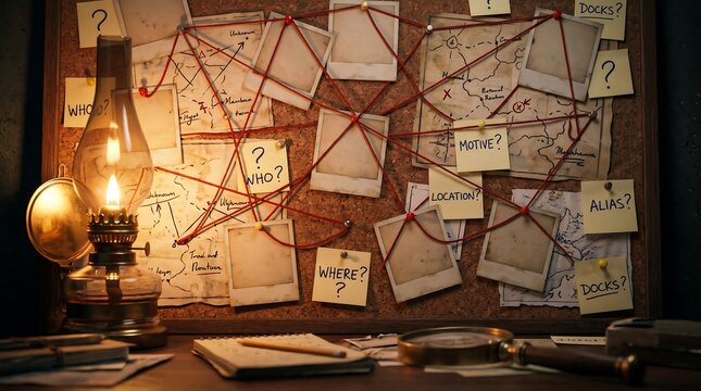Detective investigation board with red string. Crime scene evidence wall with photos.