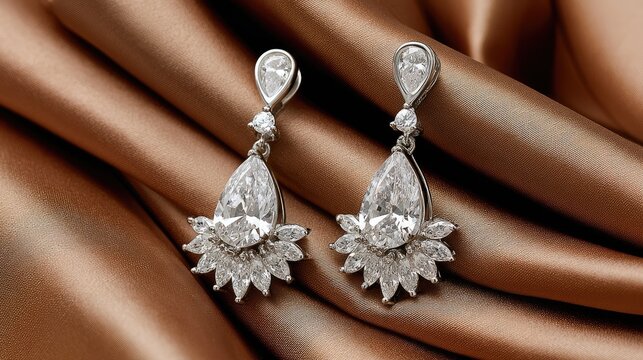 Elegant teardrop gemstone earrings dangle luxuriously against a soft, textured silk background