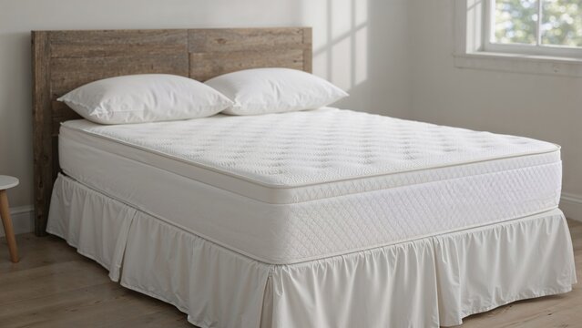 A simple bedroom scene featuring a large bed with white bedding and a wooden headboard in a well-lit room.
