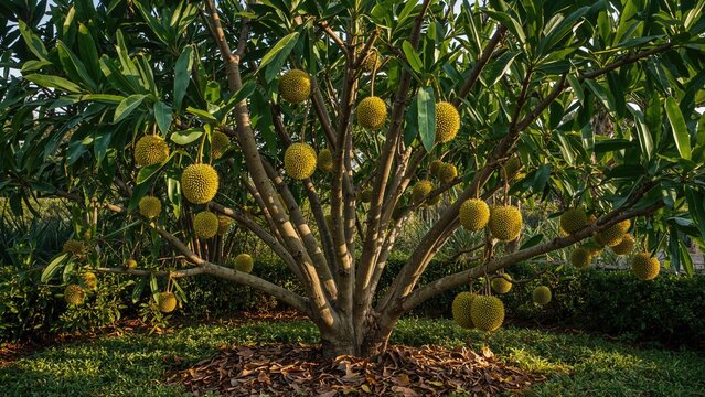 Fresh durian tree with fruit, food, nature, garden, green, farm, agriculture, and tree.