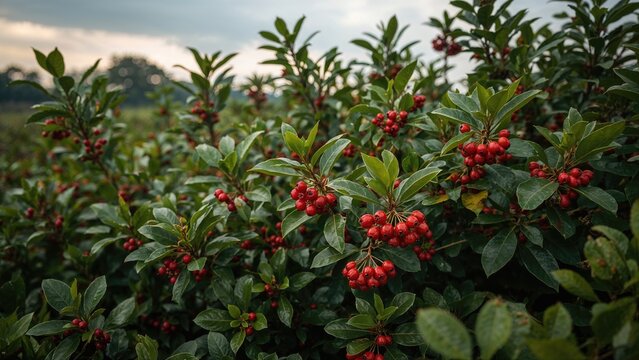 A field of holly bushes with red berries and green leaves, set against a cloudy sky background.