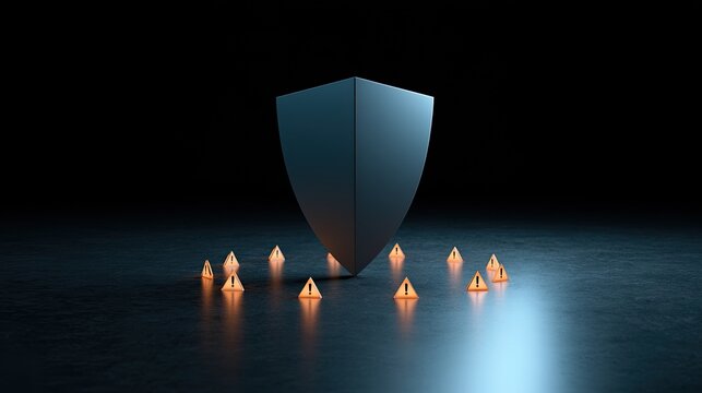A central, reflective shield stands amidst many small, glowing warning signs on a dark, textured surface