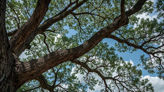 Tree branches extending with green leaves against a bright sky, showcasing nature and outdoor scenery.