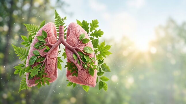 Conceptual illustration of human lungs surrounded by green leaves representing healthy breathing and clean air