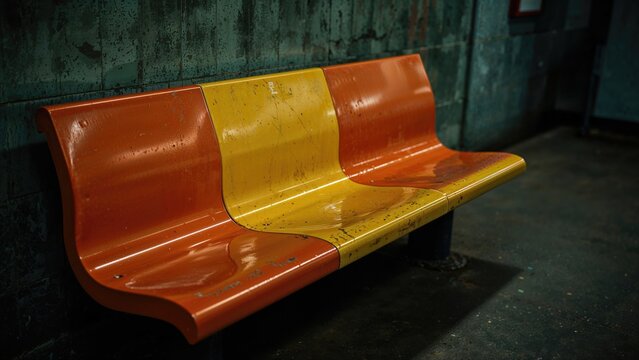 Empty subway or bus bench seat with orange and yellow coloring, showing signs of wear and tear.