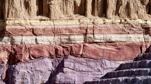 Layers of colorful sedimentary rock formations display striations and textures