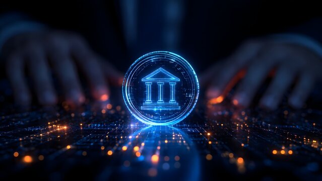 Glowing digital bank building icon hovering over circuit board representing fintech online banking and secure financial technology