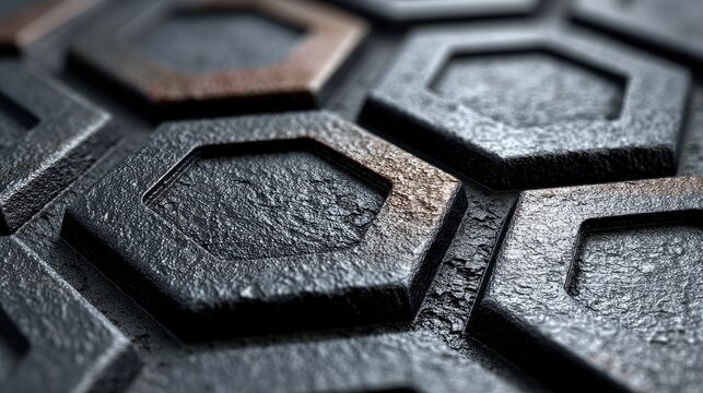 Hexagon rubber texture, black industrial flooring, raised geometric pattern, durable non-slip surface background, tough material 