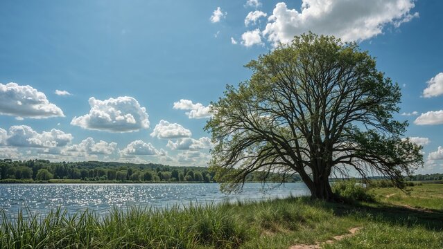 A solitary tree beside a river under a bright sky with fluffy clouds. Nature scene, outdoor landscape, tranquility and greenery.