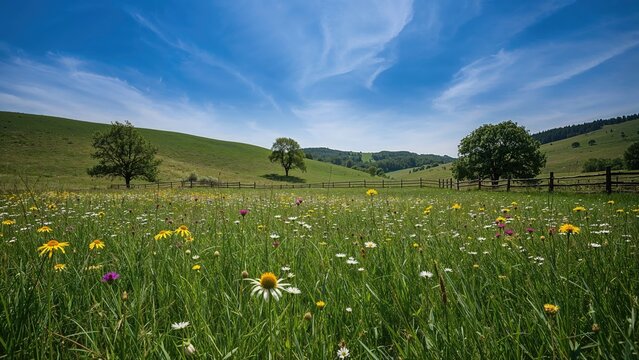 Spring meadow with colorful wildflowers, green grass, scattered trees, blue sky, and clouds.