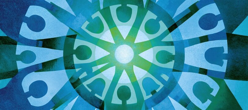 Concentric rings of abstract human silhouettes symbolizing family and community support
