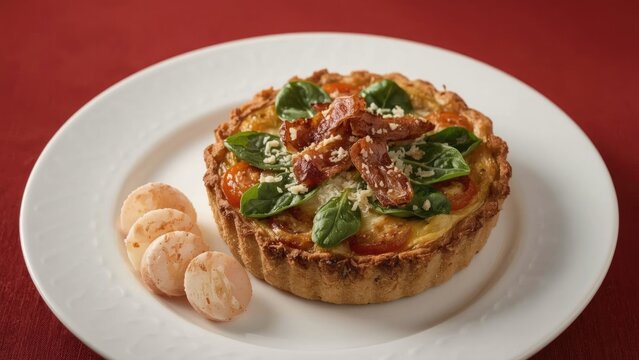 Pizza with basil leaves, bacon, and cheese served on a white plate with a side of potato chips.