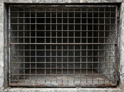 Old rusty metal grid window grate set in weathered concrete wall, grunge urban texture and abandoned building security barrier background concept
