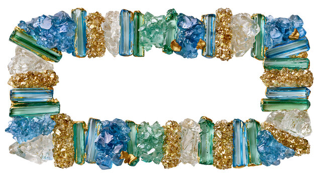 Luxury crystal gemstone rectangular frame border with blue green and gold raw minerals isolated on transparent background