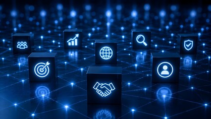 Fototapeta premium Black cubes with glowing business strategy icons connected on digital network floor symbolizing global corporate ecosystem and teamwork