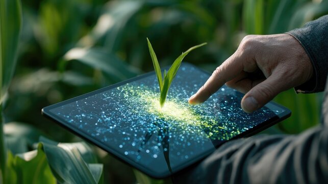 Person uses tablet to interact with glowing plant simulation in a field