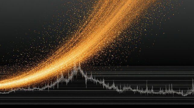Energetic orange streaks erupt and arc over a grey, jagged line graph