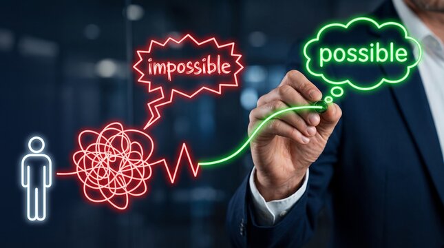 Impossible to possible business concept, businessman drawing path from chaos to success, neon light solution and problem solving strategy