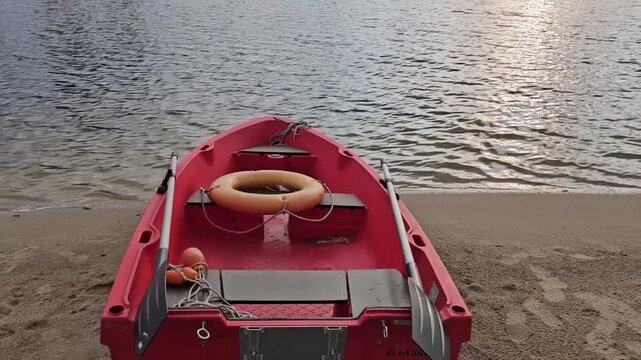 Medium shot of a small red plastic rescue boat resting on the sand at the edge of the water. The boat is equipped with oars, an orange lifebuoy, and small buoys, set against calm water