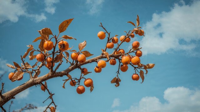 A branch with orange fruit and leaves against a blue sky with clouds.