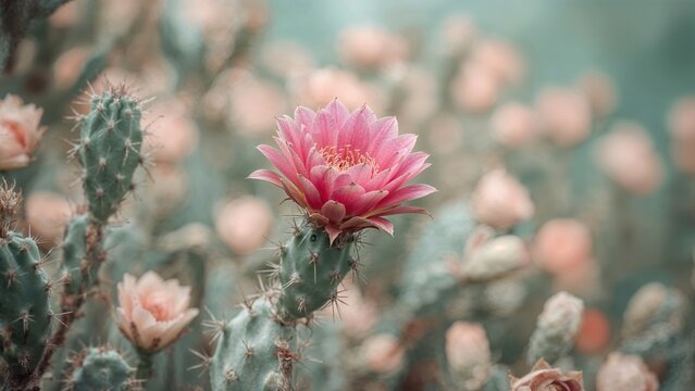 Pink cactus flower among cactus plants with soft background. Nature and floral scene. Beauty of desert flora. The concept of cactus and desert plants.