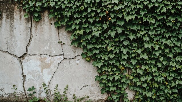 Cracked concrete wall with ivy growing on it. Urban decay and nature reclaiming space. Environmental and architectural contrast. The image highlights natural growth on man-made structure.