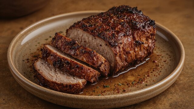 Cooked beef roast with a crispy crust served on an oval plate featuring a gravy sauce.