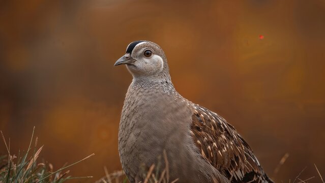 A close-up of a bird with a background of warm autumn colors.