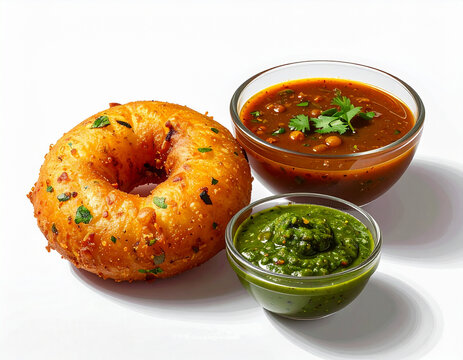 Crispy South Indian Medu Vada Served with Coconut Chutney and Sambar Isolated on White Background &ndash; Traditional Indian Breakfast Snack