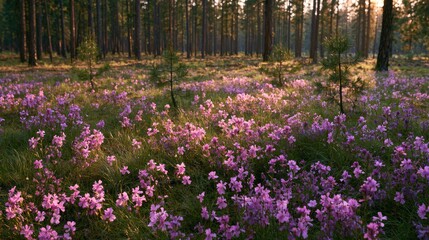 Obraz premium Sunlit forest floor carpeted with delicate pink wildflowers and young saplings