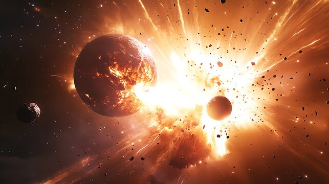 Cosmic planet collision in deep space. Massive asteroid impact and exploding galaxy event.