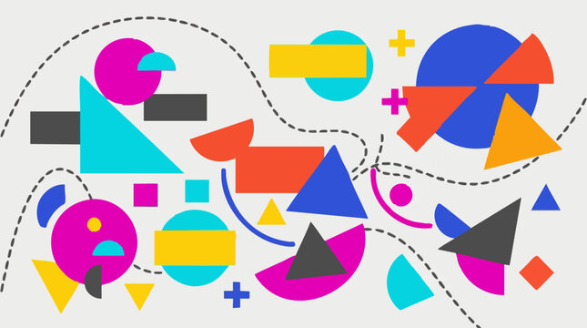 Vibrant abstract geometric shapes with dashed lines on white background