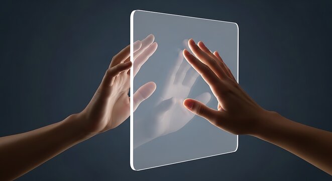 Person touching a transparent glass screen with hands in dark background