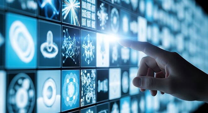 Person touching digital screen with abstract data icons in blue interface