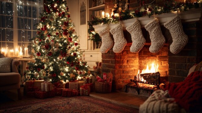 Cozy Christmas Scene with Tree, Stockings, Fireplace, and Gifts in Warm Ambient Glow