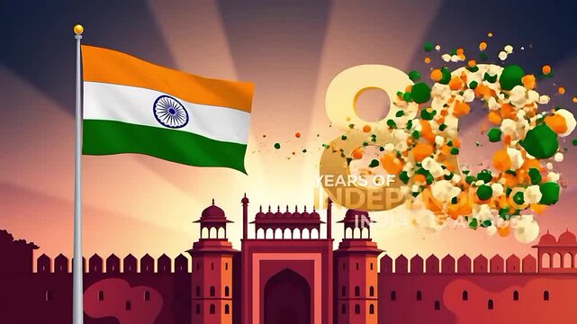 Indian flag waving at red fort for 80th independence day. 4K Video
