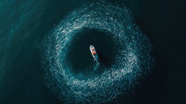 Aerial view of a small boat at sea creating a circular wake amidst a large school of fish