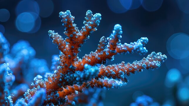 Close-up of branching coral with bright orange polyps and blue accents