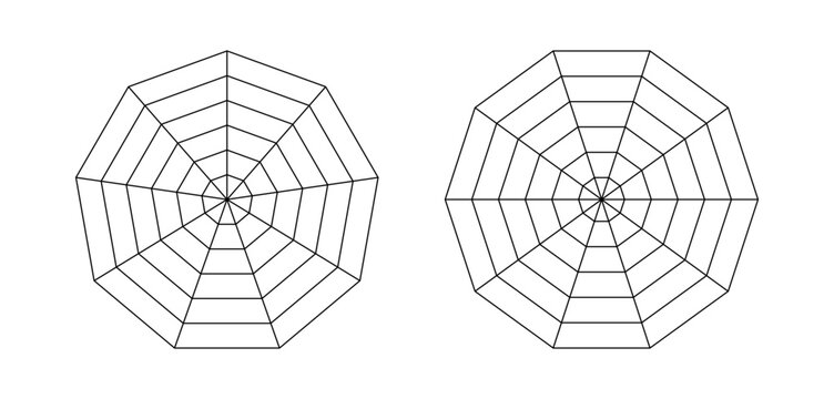 Decagon, enneagon or nonagon graphs templates. Spider mesh. Grid 10, 9 and 6 segments. Coaching tool. Blank radar chart, Diagram for analytics or statistic. Spider, radar diagram. 
