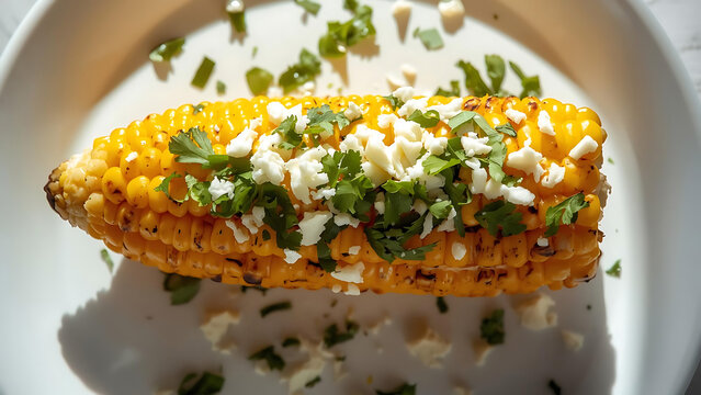 Delicious Grilled Corn on the Cob with Cheese and Herbs, Close-up Shot