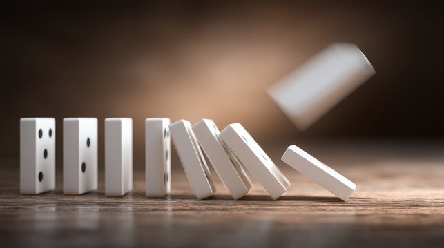 Domino effect causing chain reaction on wooden table