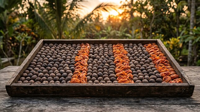 Nutmeg seeds and orange mace drying in a wooden tray at sunset